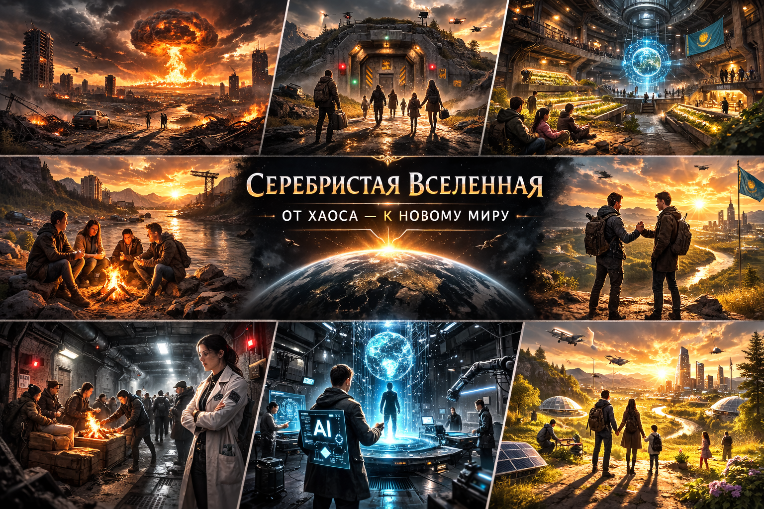 Коллаж мира романа: катастрофа, бункер, наука, новый мир