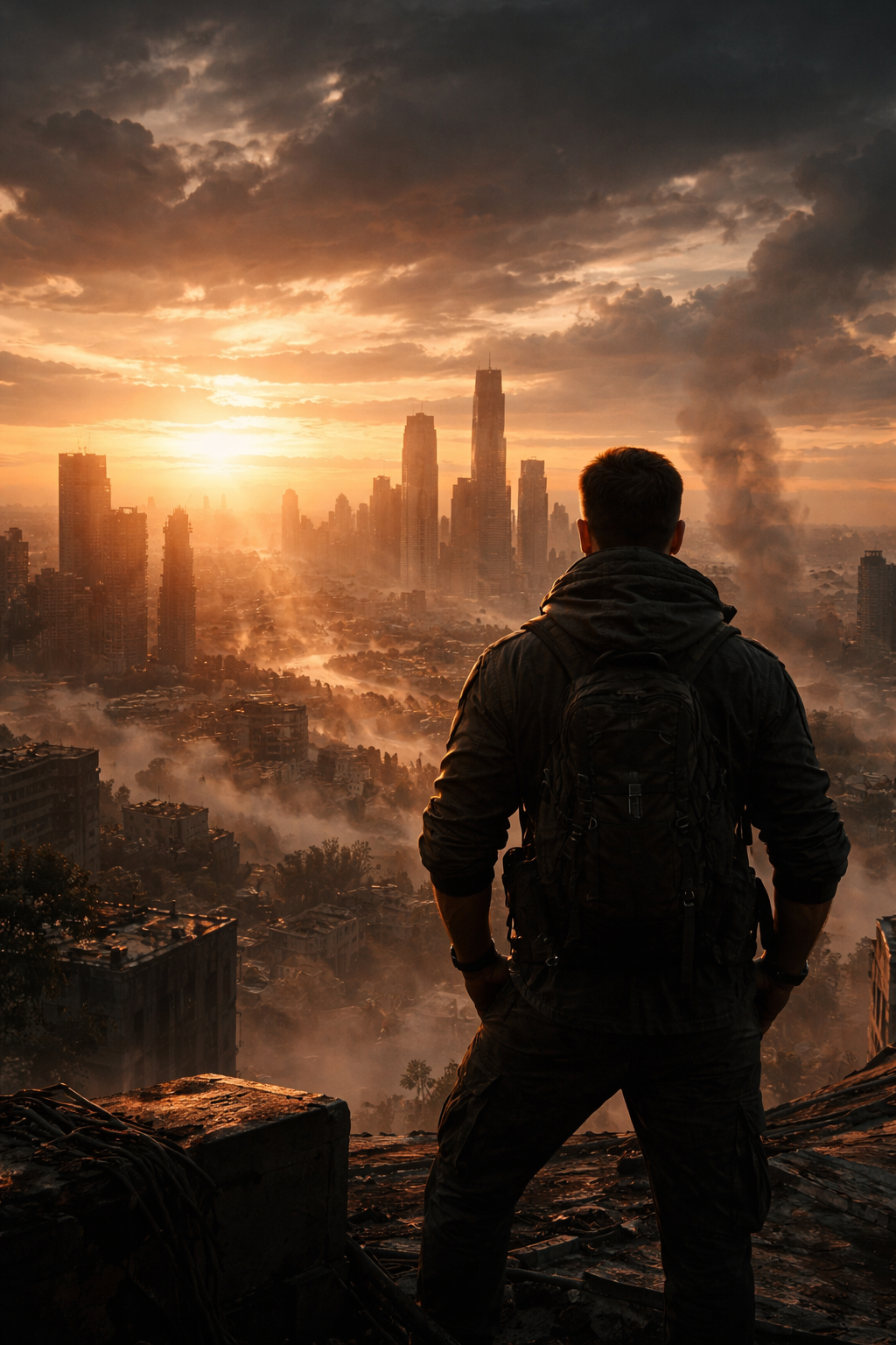 Герой смотрит на разрушенный город на закате